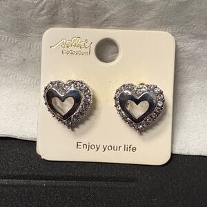 Heart Silvertone Pierced Earrings with Sparkling Accents of Crystals